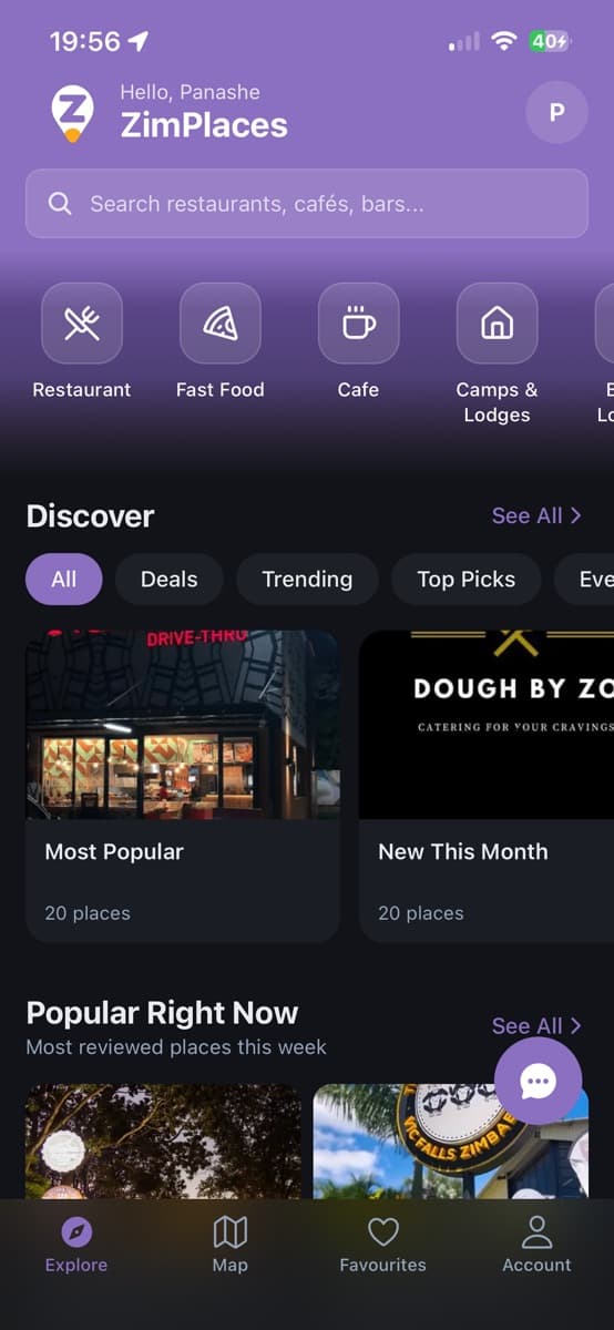 ZimPlaces discovery screen